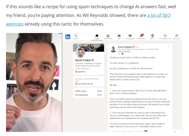 Rand Fishkin thảo luận về tình trạng spam trong các mô hình ngôn ngữ lớn (LLM).