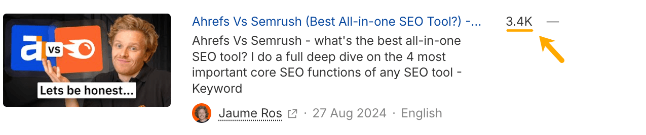 Kết quả từ Ahrefs Brand Radar hiển thị video 'Ahrefs Vs Semrush' của Jaume Ros