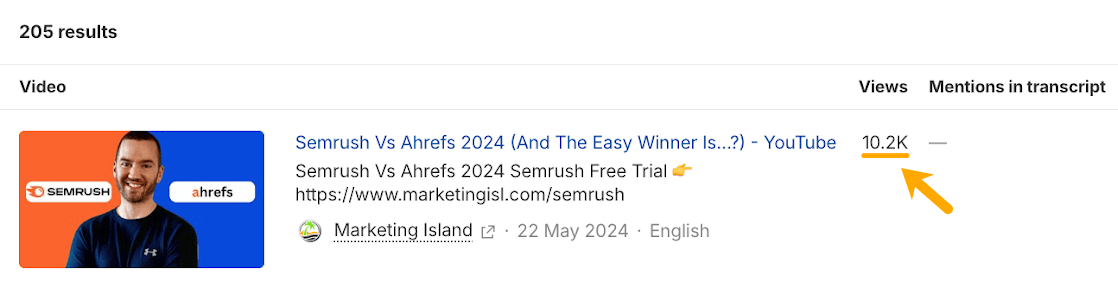 Báo cáo của Ahrefs Brand Radar hiển thị video 'Semrush Vs Ahrefs 2024' của kênh Marketing Island
