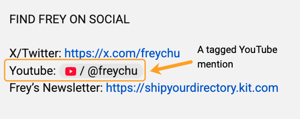 Ví dụ về một lượt đề cập được gắn thẻ trên YouTube với tên kênh @freychu
