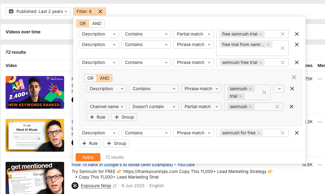 Sử dụng Ahrefs Brand Radar để theo dõi các chiến dịch tài trợ của đối thủ Semrush thông qua các cụm từ như dùng thử miễn phí.