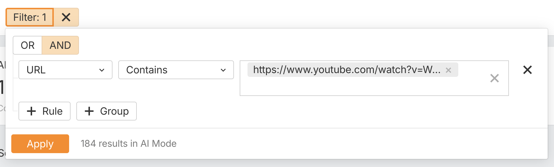Bộ lọc URL trong Ahrefs Brand Radar đang tìm kiếm một URL video YouTube cụ thể và trả về 184 kết quả ở Chế độ AI