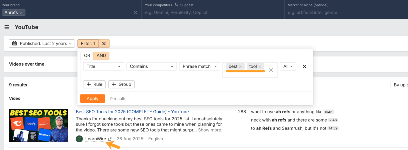 Kết quả tìm kiếm trên Ahrefs Brand Radar cho thấy video 'Công cụ SEO tốt nhất 2025' của LearnWire với nhiều lượt nhắc đến Ahrefs