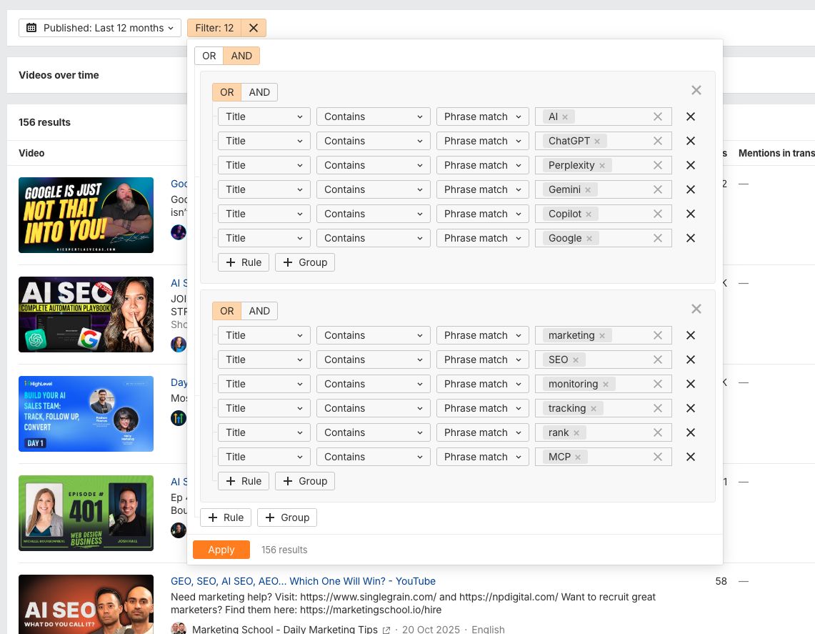 Giao diện bộ lọc của Ahrefs Brand Radar để tìm kiếm các đề cập về nền tảng AI và các thuật ngữ liên quan đến SEO.
