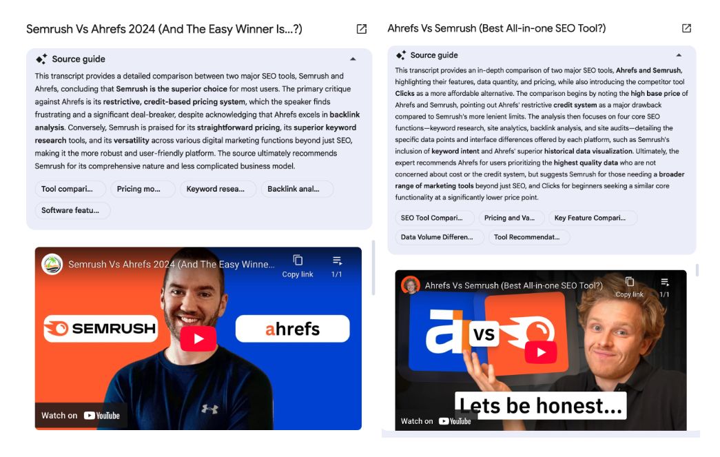Phân tích song song trên NotebookLM so sánh hai video YouTube về Ahrefs vs Semrush