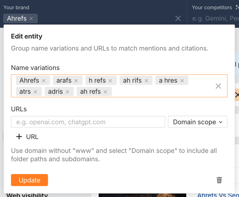 Trình chỉnh sửa entity của Ahrefs Brand Radar hiển thị các biến thể phát âm tên thương hiệu để theo dõi lượt nhắc đến trên YouTube