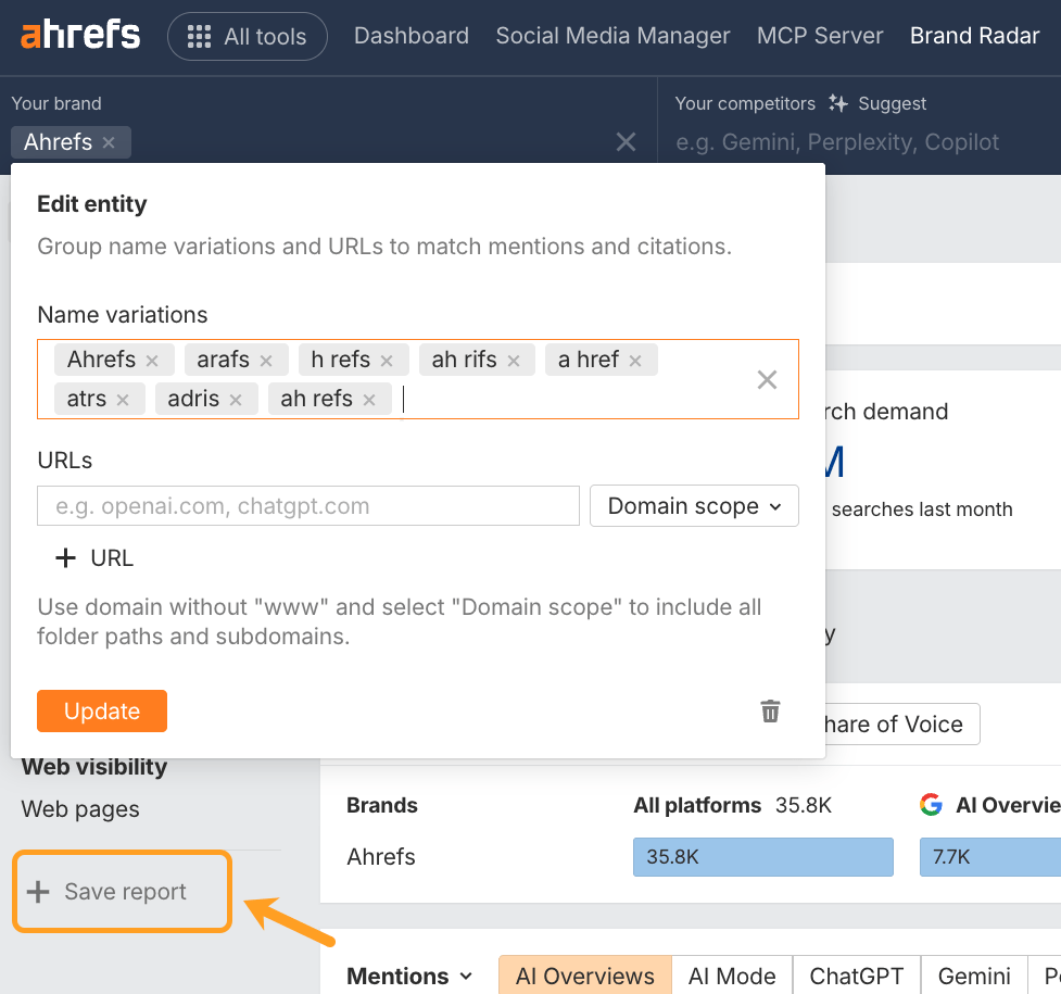 Giao diện Ahrefs Brand Radar hiển thị các biến thể tên thương hiệu và nút 'Lưu báo cáo' được làm nổi bật