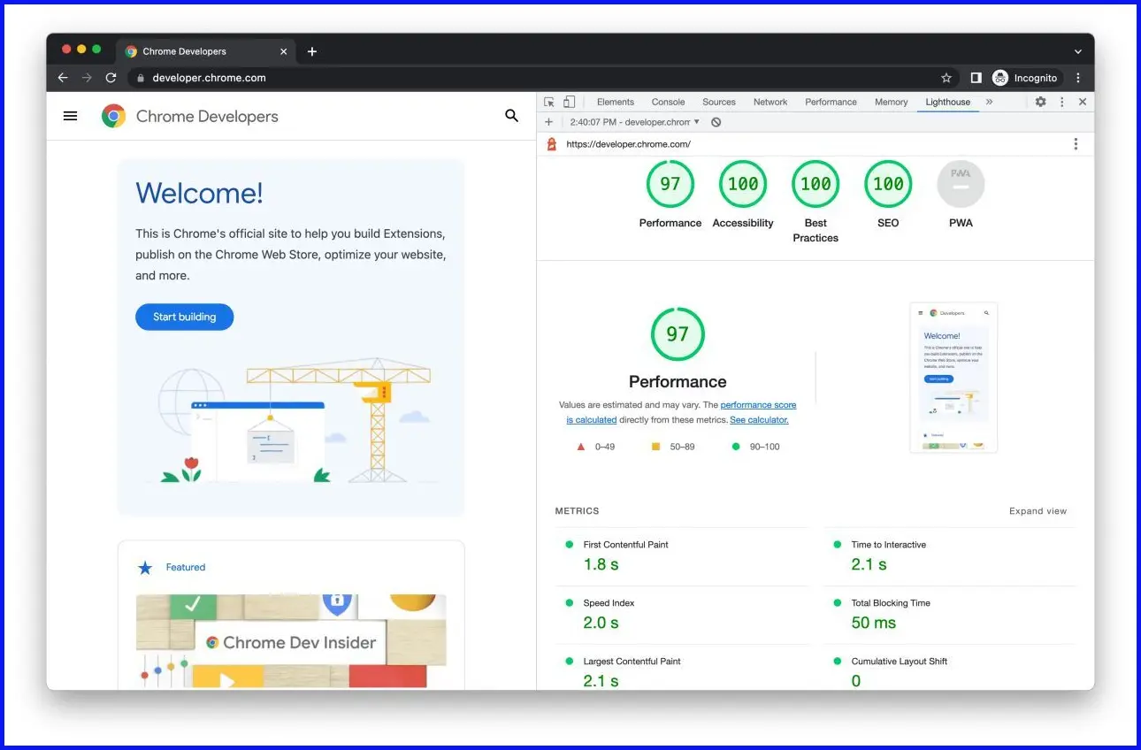 Cửa sổ trình duyệt hiển thị trang web Chrome Developers và kết quả kiểm tra Lighthouse với điểm Performance là 97