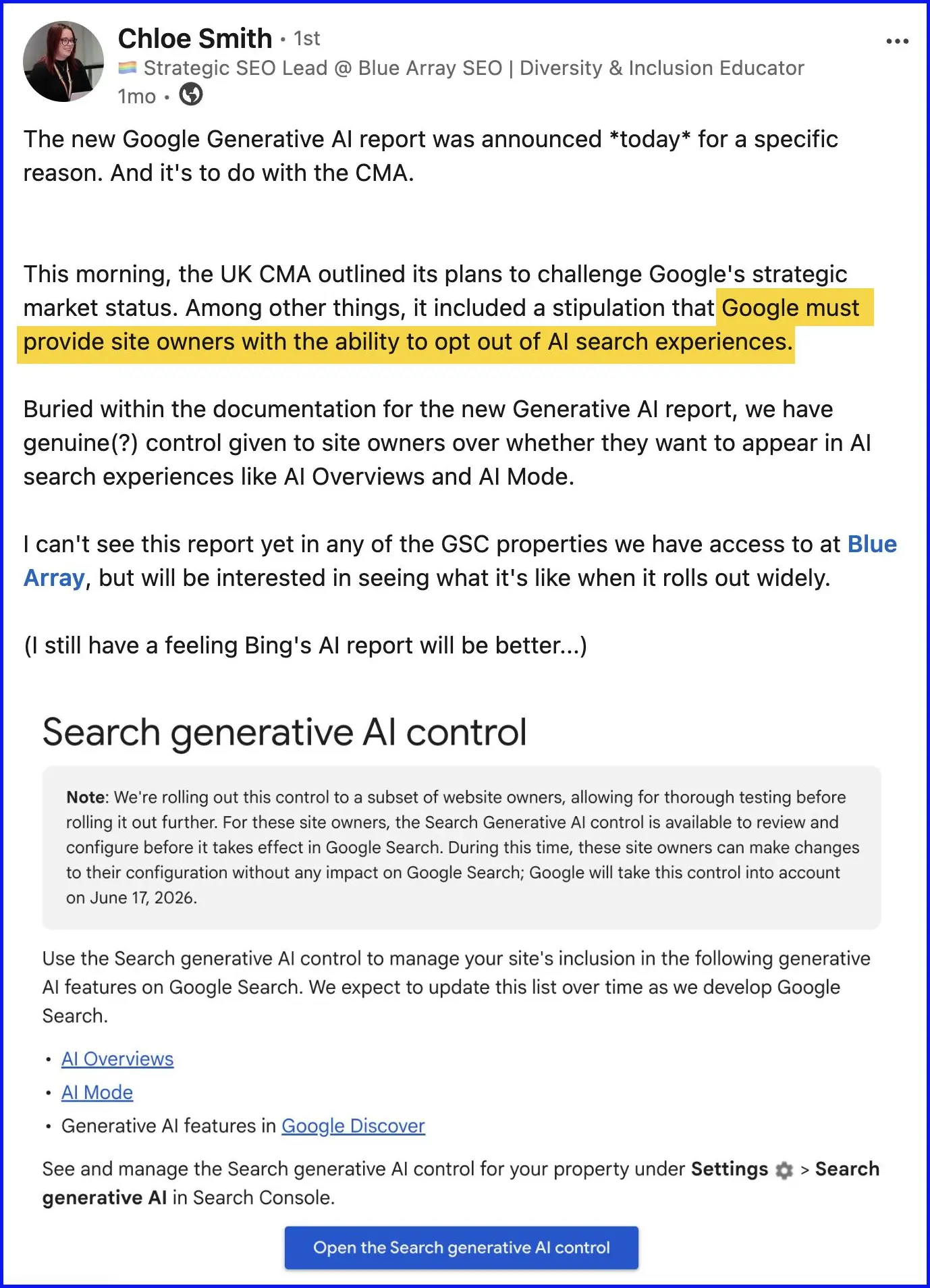 Bài đăng LinkedIn về việc Google cho phép chủ sở hữu trang web opt-out khỏi AI search experiences