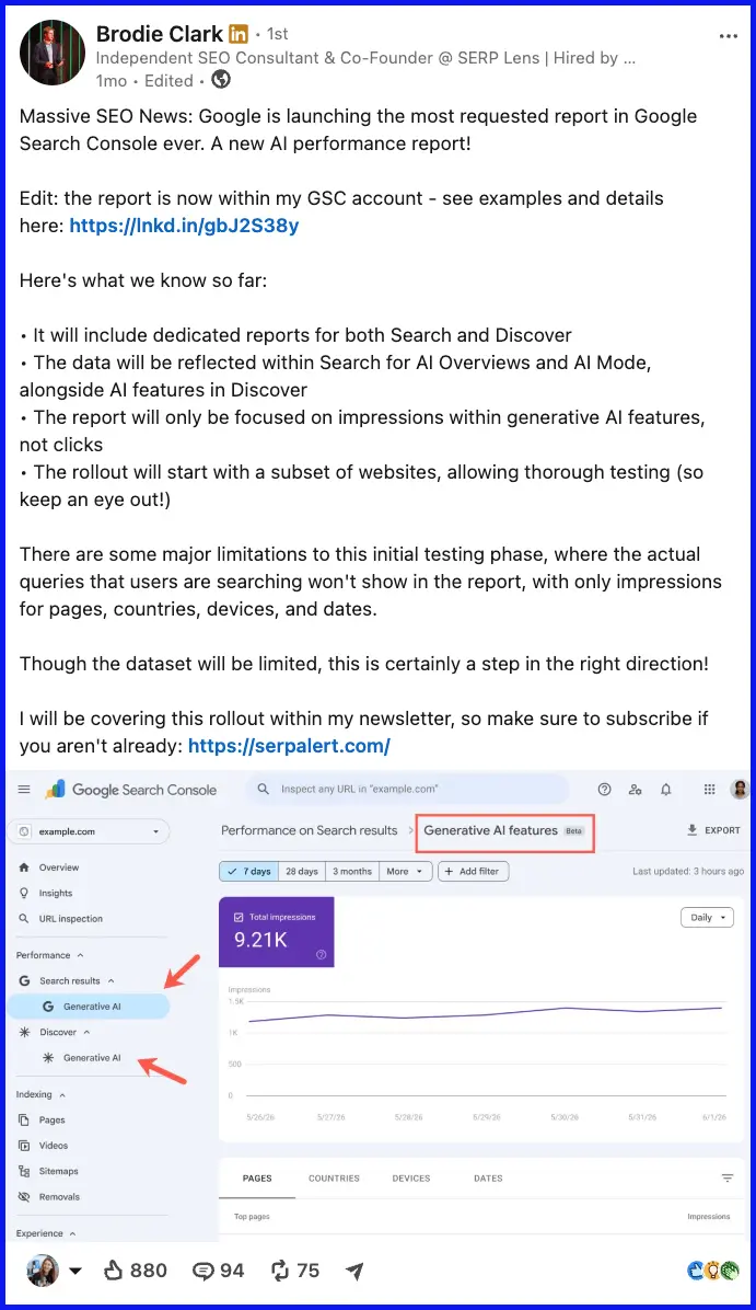 Bài đăng LinkedIn của Brodie Clark thông báo về báo cáo AI trong Google Search Console