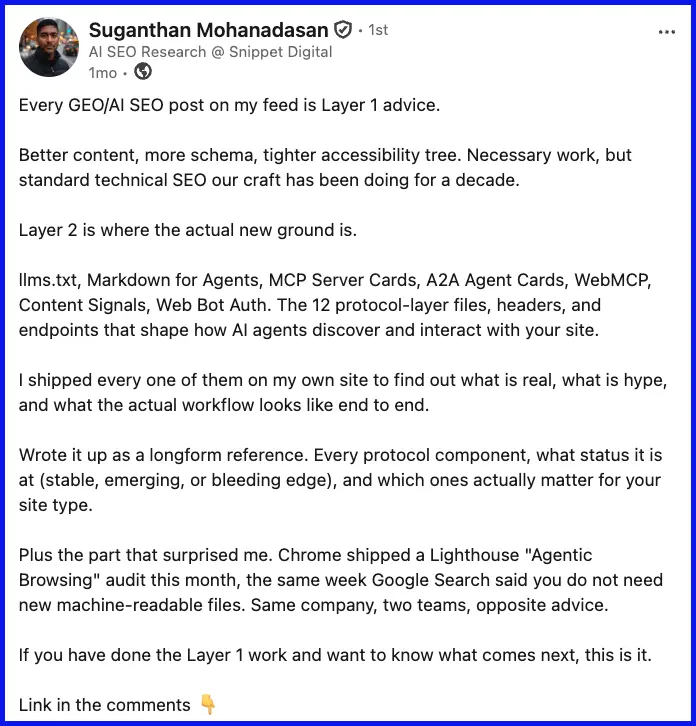 Bài đăng LinkedIn của Suganthan Mohanadasan thảo luận về lời khuyên SEO Layer 1 và Layer 2 cho AI agents