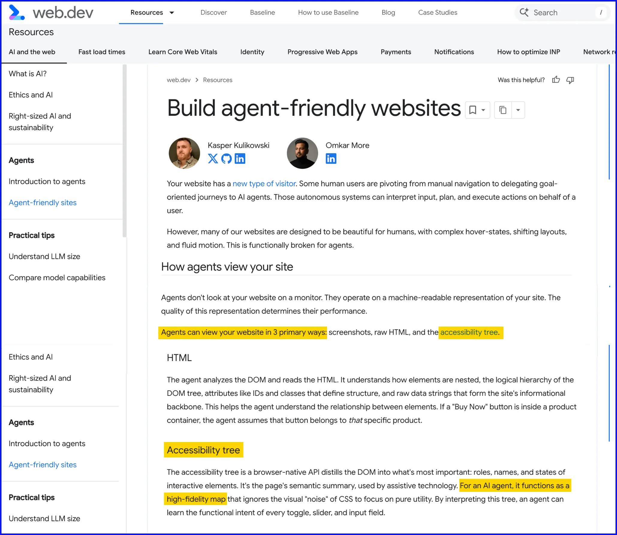 Bài viết trên web.dev có tiêu đề Build agent-friendly websites, mô tả cách AI agents tương tác với website