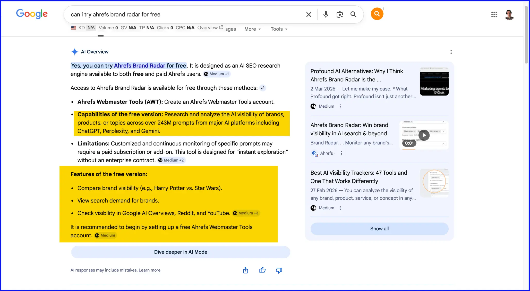 ChatGPT nhầm lẫn tính năng miễn phí và trả phí của Ahrefs Brand Radar