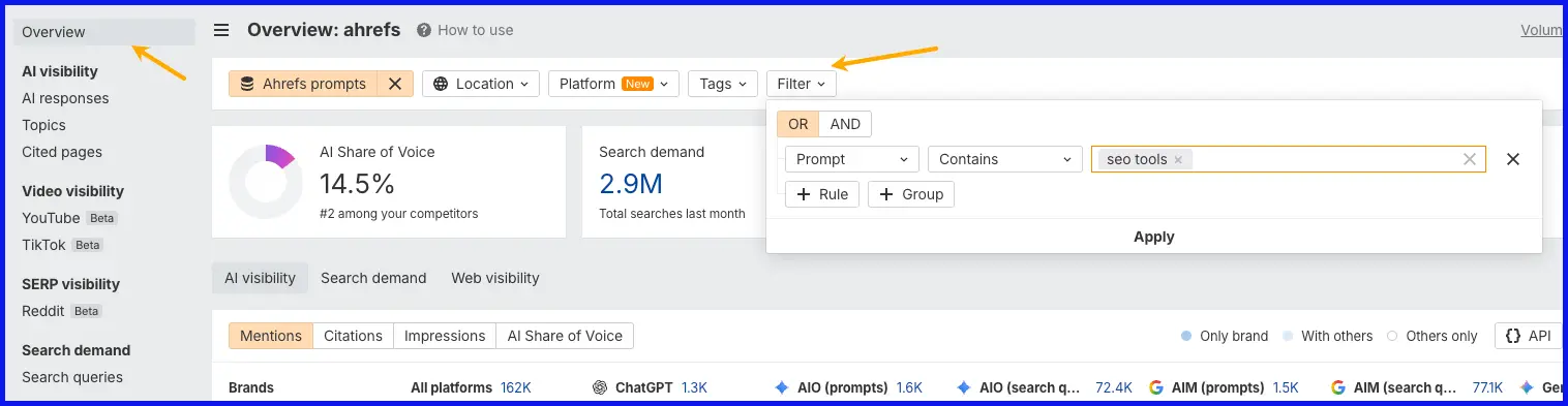 Tạo báo cáo Brand Radar cho danh mục SEO tools