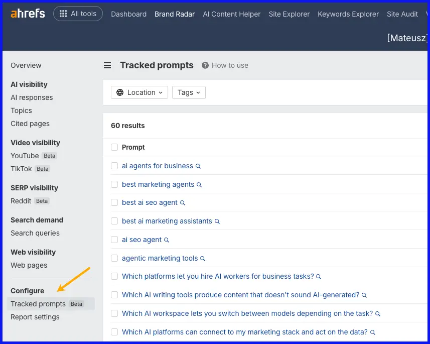 Tính năng Tracked (custom) prompts trong Brand Radar