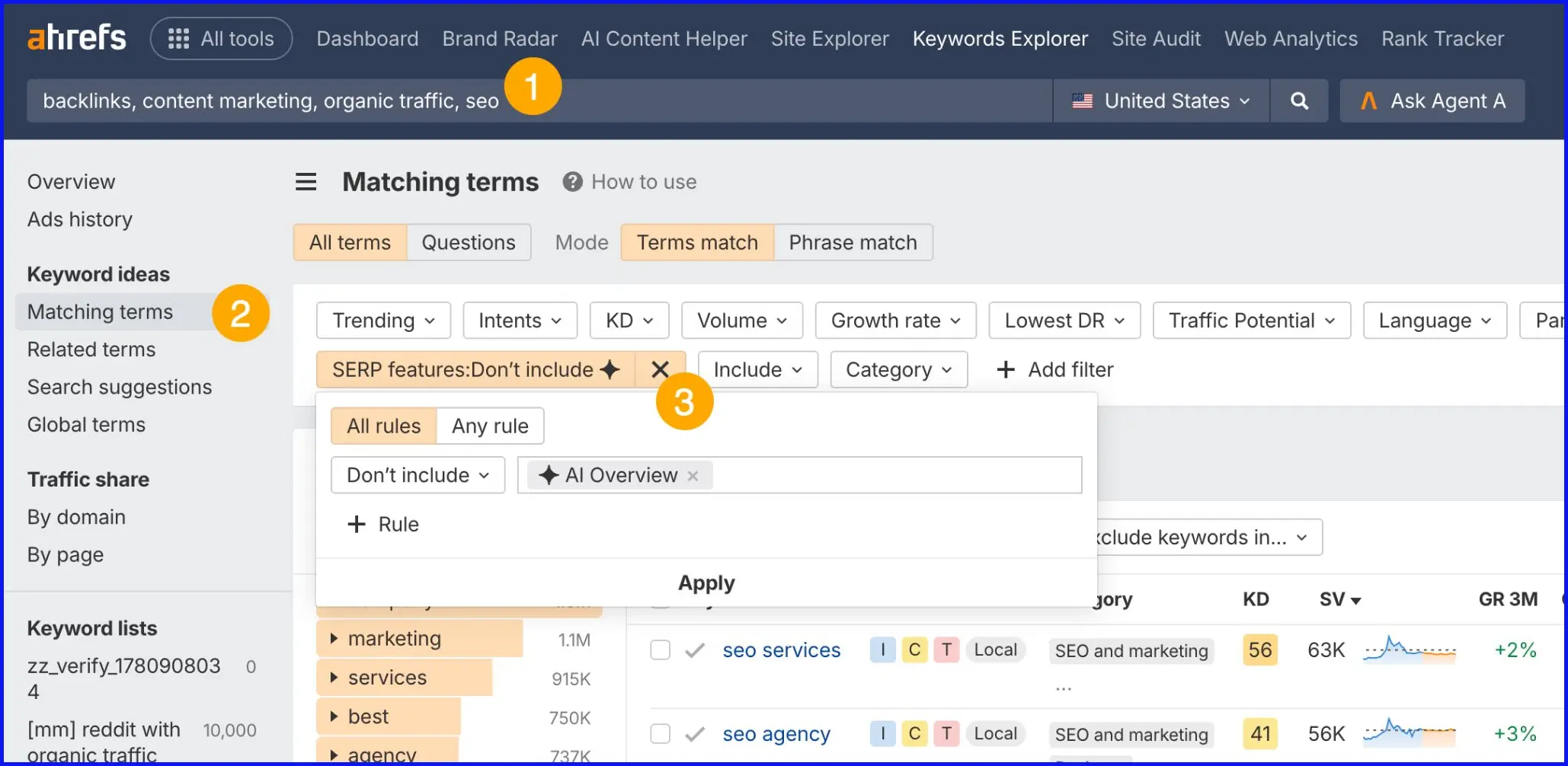 Lọc ra các từ khóa kích hoạt AI Overviews trong Ahrefs Keywords Explorer