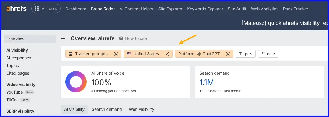 Bộ lọc Brand Radar cho chỉ mục prompt, nền tảng AI và vị trí