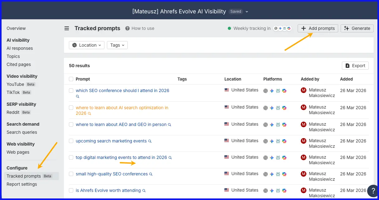 Thiết lập custom prompt tracking trong Ahrefs Brand Radar