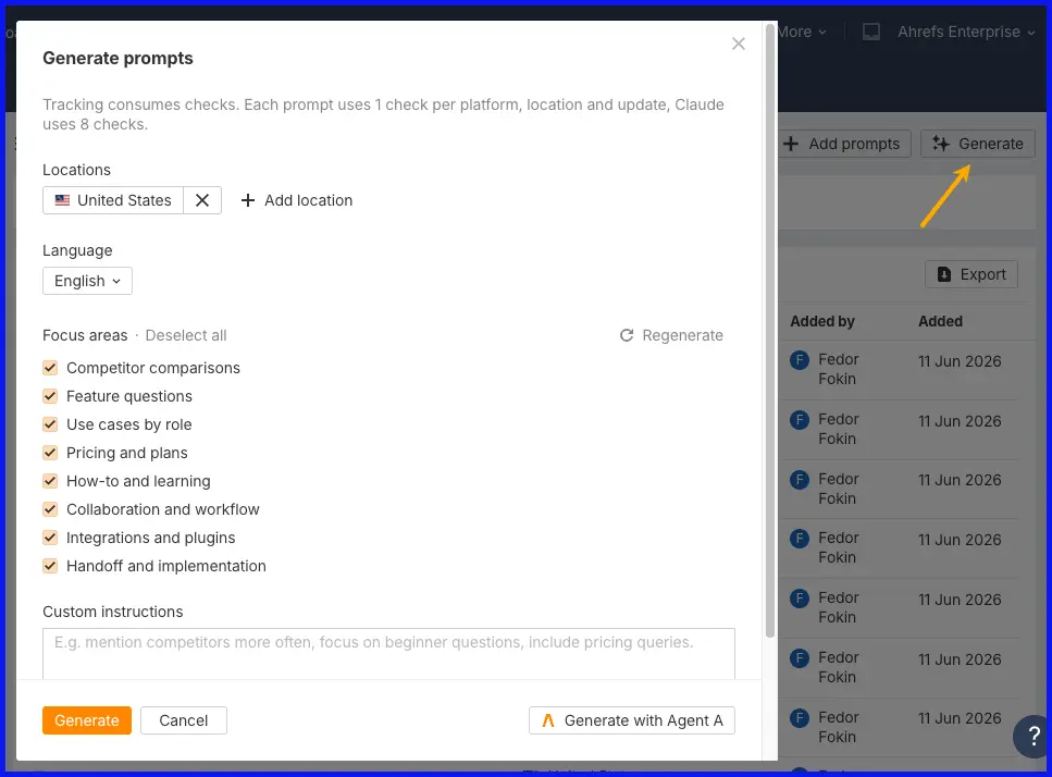 Tính năng Generate prompts trong Ahrefs Brand Radar