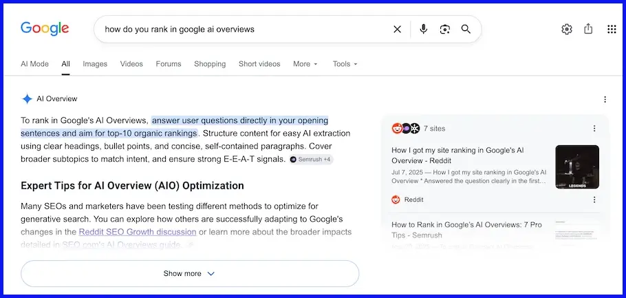 kết quả AI overview cho truy vấn cách xếp hạng trong AI overviews