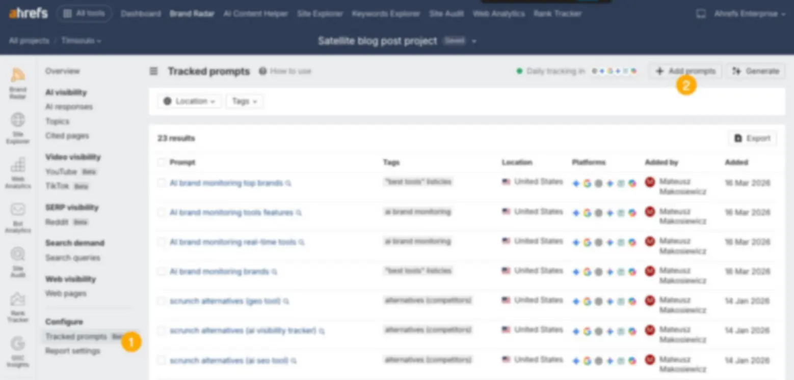 Giao diện Ahrefs Brand Radar hiển thị bảng Tracked prompts và nút add prompts