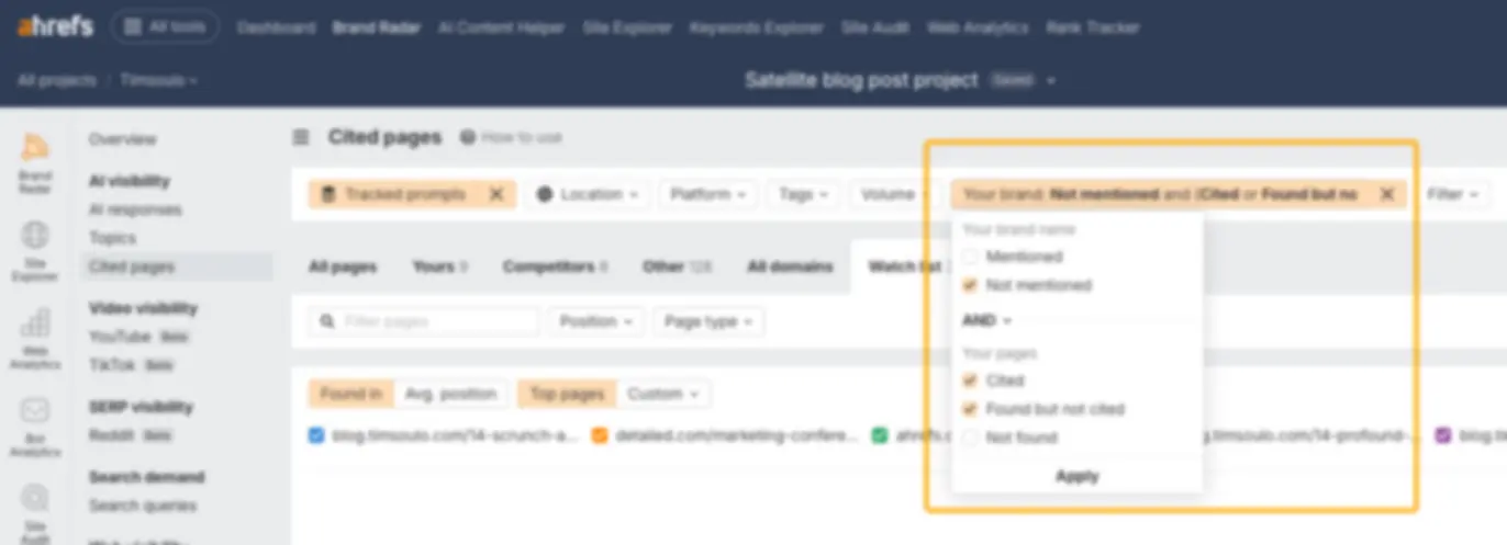Cách theo dõi trích dẫn không có đề cập trong Ahrefs Brand Radar