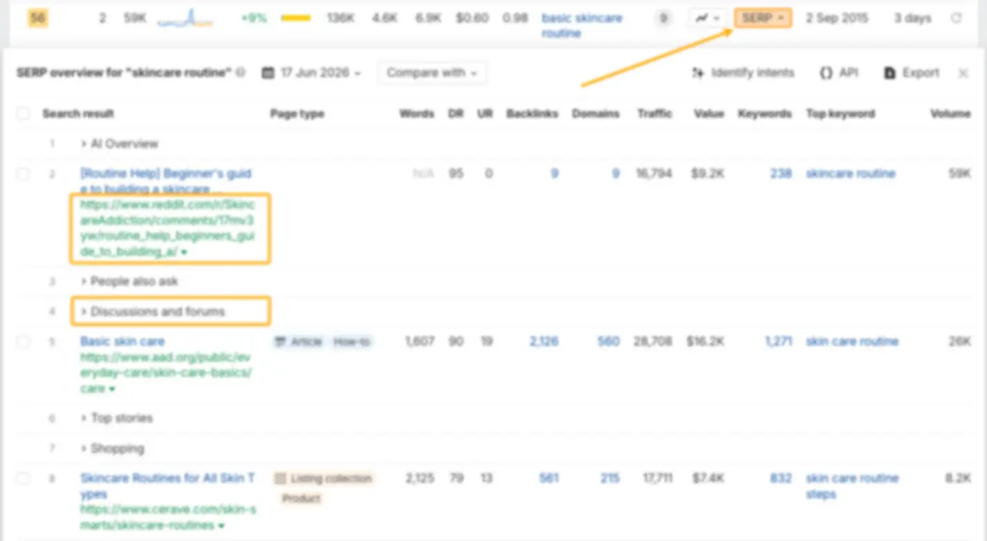 SERP dropdown hiển thị liên kết đến các bài đăng Reddit