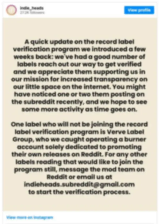 Bài đăng của mod r/indieheads về vụ burner account