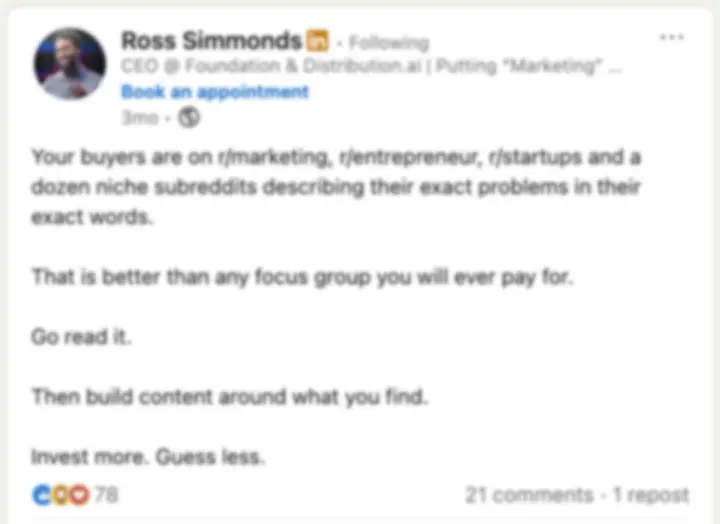 Trích dẫn của Ross Simmonds về giá trị của Reddit đối với nghiên cứu thị trường