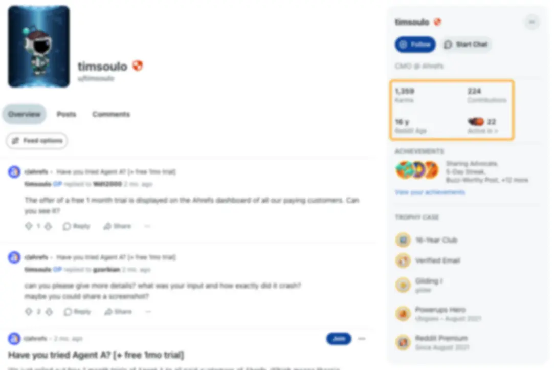Ảnh chụp màn hình hồ sơ Reddit của Tim Soulo hiển thị lịch sử 16 năm