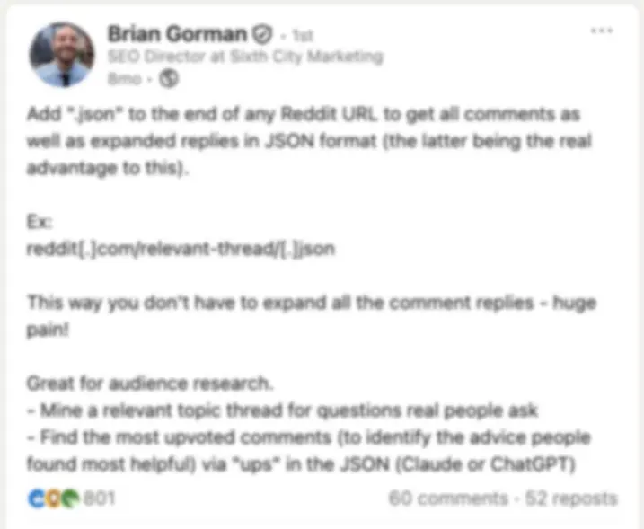 Ví dụ về cách thêm .json vào URL Reddit