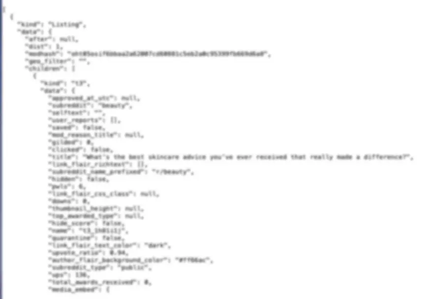 Màn hình hiển thị dữ liệu JSON của Reddit