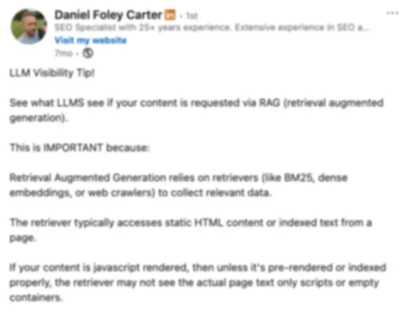 Bài đăng LinkedIn của Daniel Foley Carter về vấn đề truy cập nội dung JavaScript