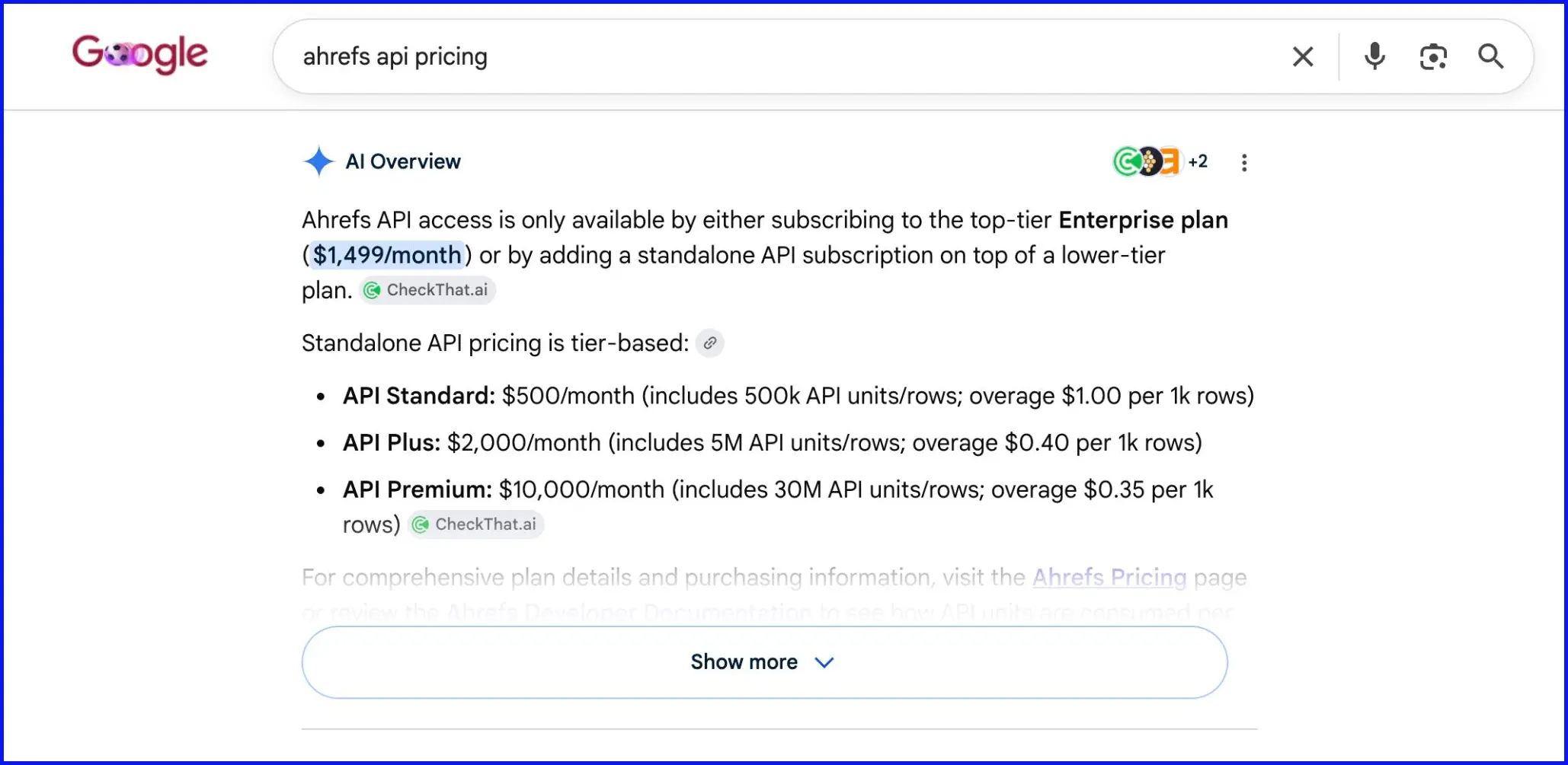 Kết quả tìm kiếm Google cho ahrefs api pricing hiển thị tóm tắt các gói giá API Ahrefs và một gói enterprise.