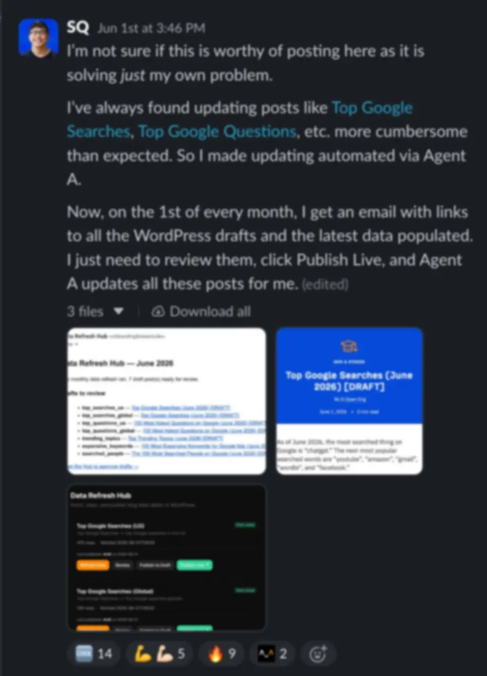 Tin nhan Slack tu SQ giai thich anh ay da tu dong hoa viec cap nhat cac bai nhu Top Google Searches qua Letaido, gio nhan email hang thang voi lien ket ban nhap WordPress, kem phan hoi ben duoi