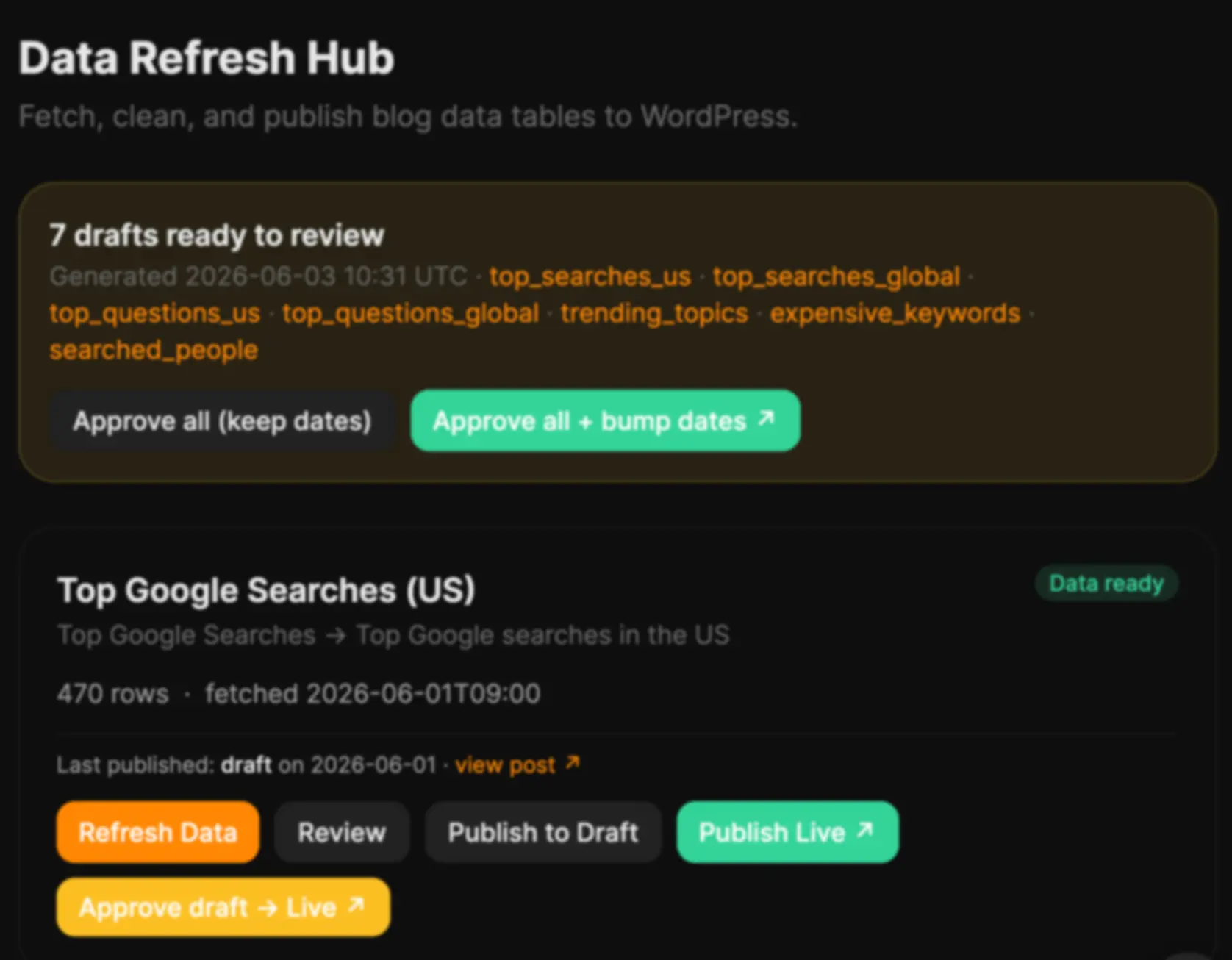 Ung dung Data Refresh Hub hien thi bang 