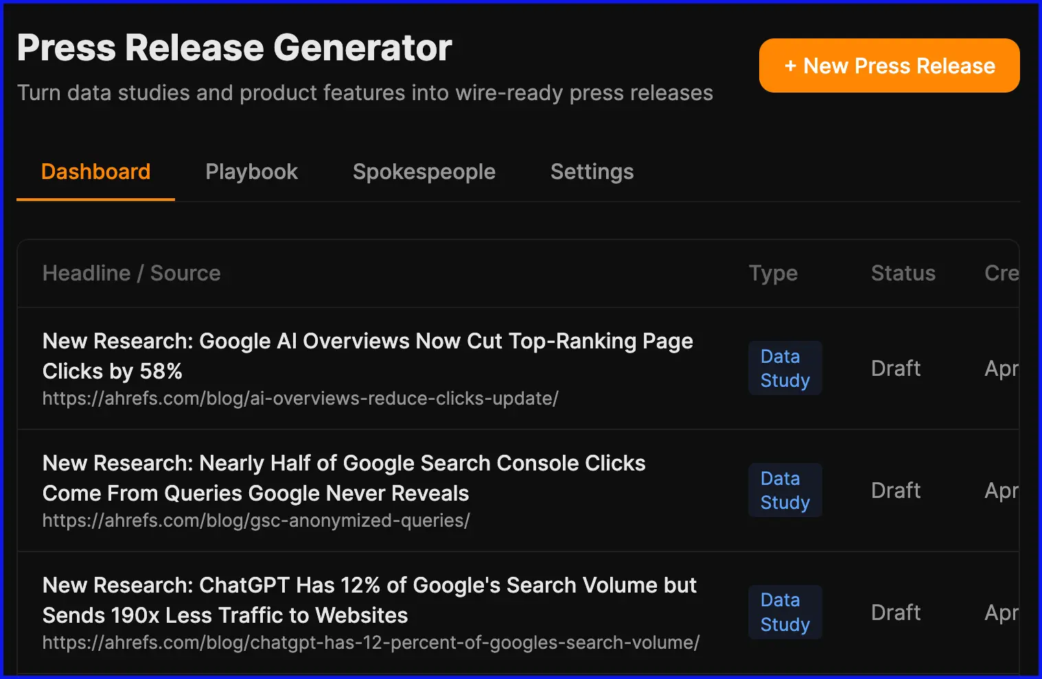 Bảng điều khiển Press Release Generator liệt kê các thông cáo đã tạo từ bài blog và ghi chú tính năng
