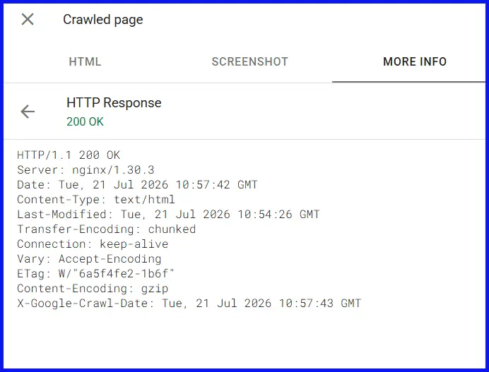 Ảnh chụp màn hình Google Search Console của trang đã lập chỉ mục hiển thị HTTP headers.